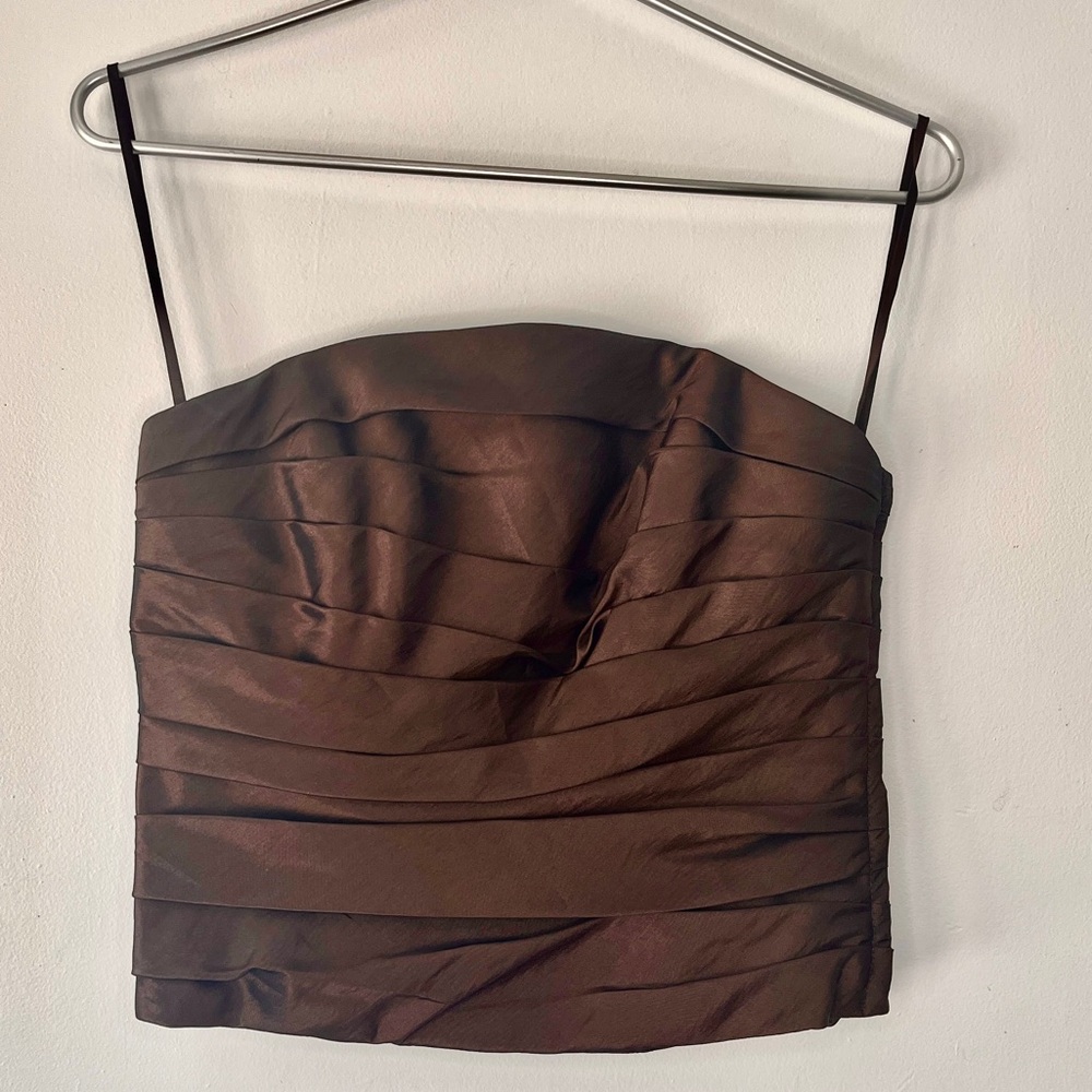 Amsale Sleeveless Formal Tube Top Chocolate Satin Brown Pleated Strapless Size 6